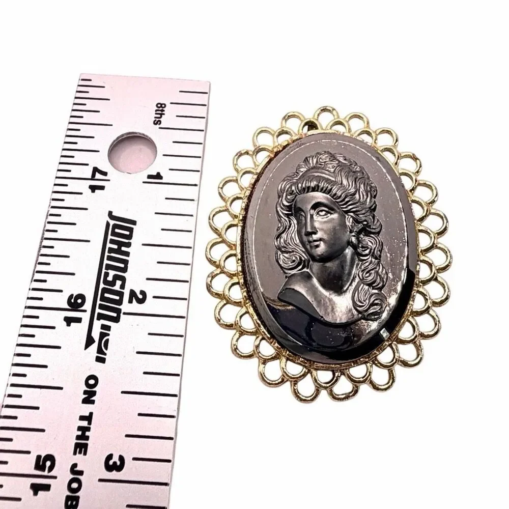 Vintage Black Glass Cameo Brooch Pendant